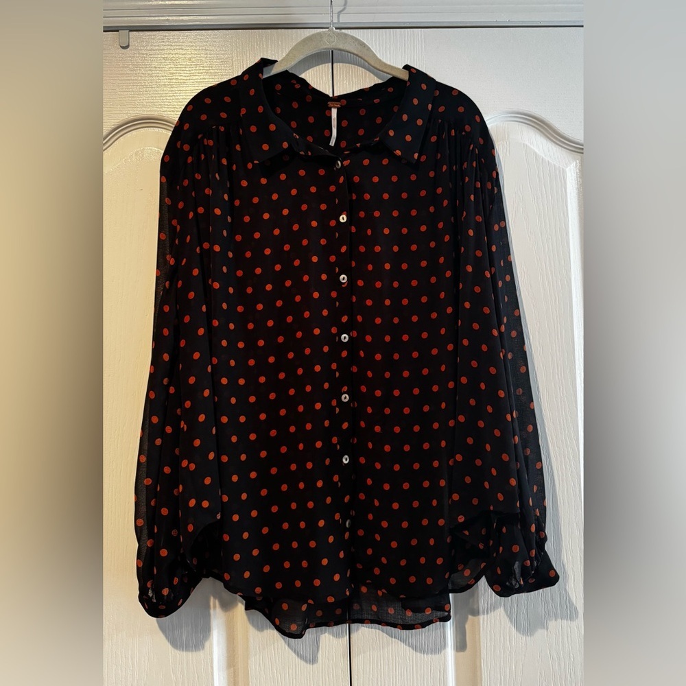 Free People Ciara Black with Orange Polka Dot Button Down Blouse - Size L - Picture 3 of 8